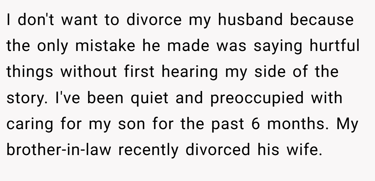 I don't want to divorce my husband because the only mistake he made was saying hurtful things without first hearing my side of the story. I've been quiet and preoccupied with caring for my son for the past 6 months. My brother-in-law recently divorced his wife.