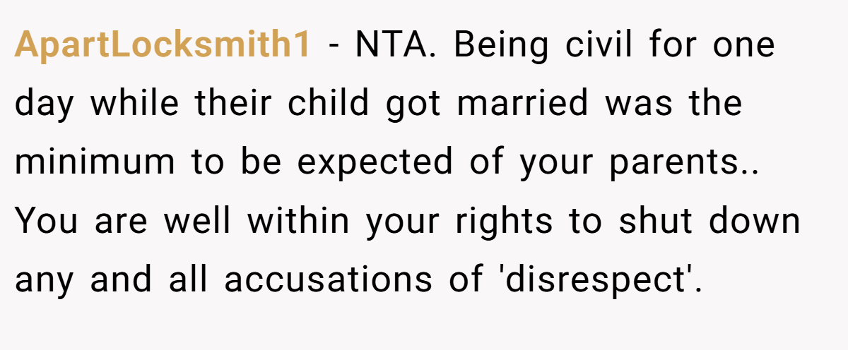ApartLocksmith1 - NTA. Being civil for one day while their child got married was the minimum to be expected of your parents.. You are well within your rights to shut down any and all accusations of 'disrespect'.