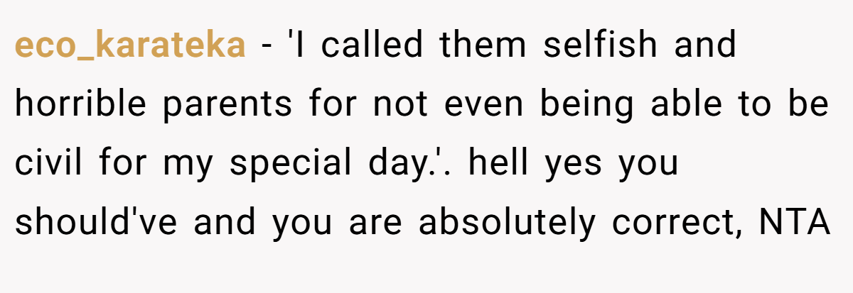 eco_karateka - 'I called them selfish and horrible parents for not even being able to be civil for my special day.'. hell yes you should've and you are absolutely correct, NTA