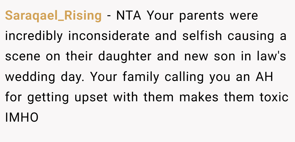 Saraqael_Rising - NTA Your parents were incredibly inconsiderate and selfish causing a scene on their daughter and new son in law's wedding day. Your family calling you an AH for getting upset with them makes them toxic IMHO