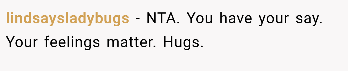 lindsaysladybugs − NTA. You have your say. Your feelings matter. Hugs.