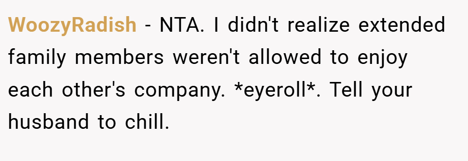 WoozyRadish − NTA. I didn't realize extended family members weren't allowed to enjoy each other's company. *eyeroll*. Tell your husband to chill.