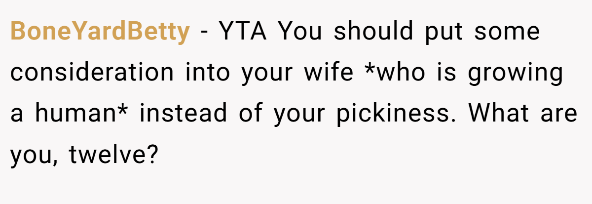 BoneYardBetty − YTA You should put some consideration into your wife *who is growing a human* instead of your pickiness. What are you, twelve?