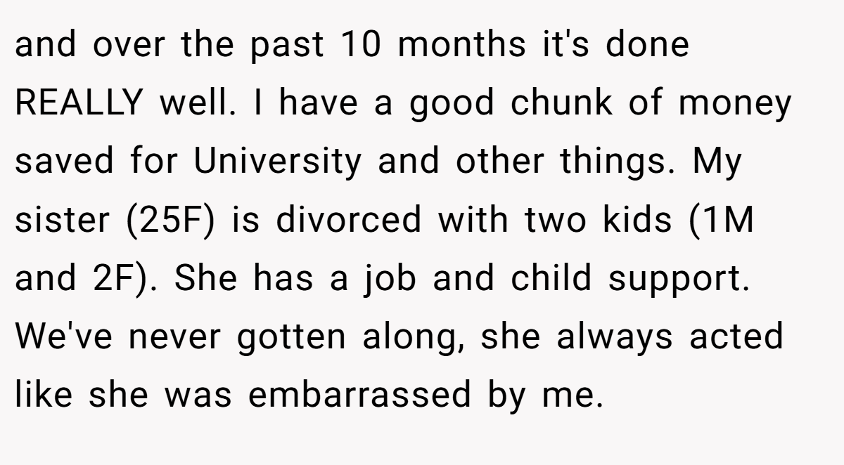 and over the past 10 months it's done REALLY well. I have a good chunk of money saved for University and other things. My sister (25F) is divorced with two kids (1M and 2F). She has a job and child support. We've never gotten along, she always acted like she was embarrassed by me.