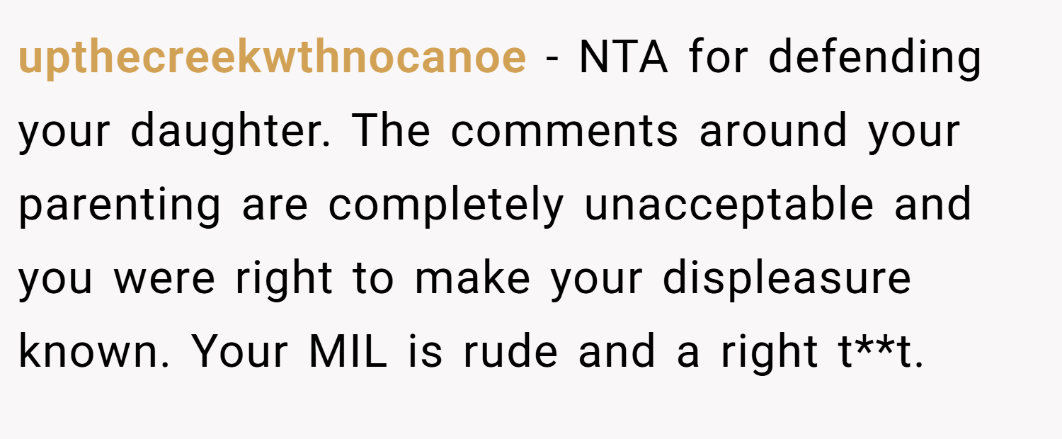 upthecreekwthnocanoe − NTA for defending your daughter. The comments around your parenting are completely unacceptable and you were right to make your displeasure known. Your MIL is rude and a right t**t.
