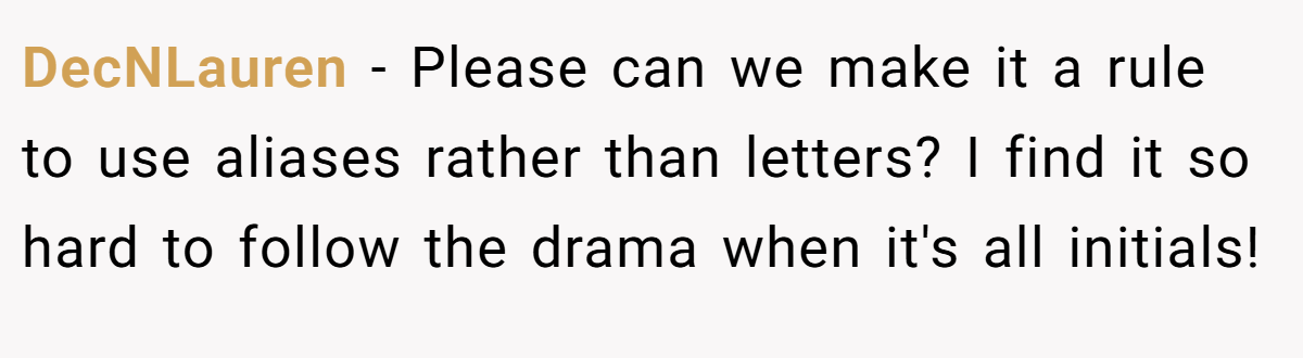 DecNLauren - Please can we make it a rule to use aliases rather than letters? I find it so hard to follow the drama when it's all initials!