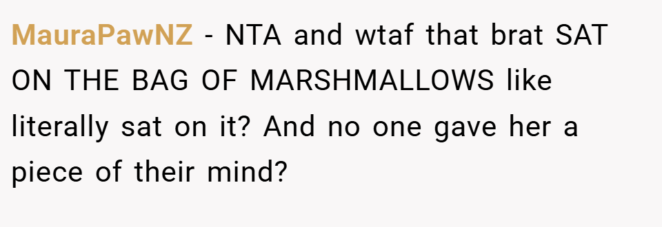 MauraPawNZ − NTA and wtaf that brat SAT ON THE BAG OF MARSHMALLOWS like literally sat on it? And no one gave her a piece of their mind?
