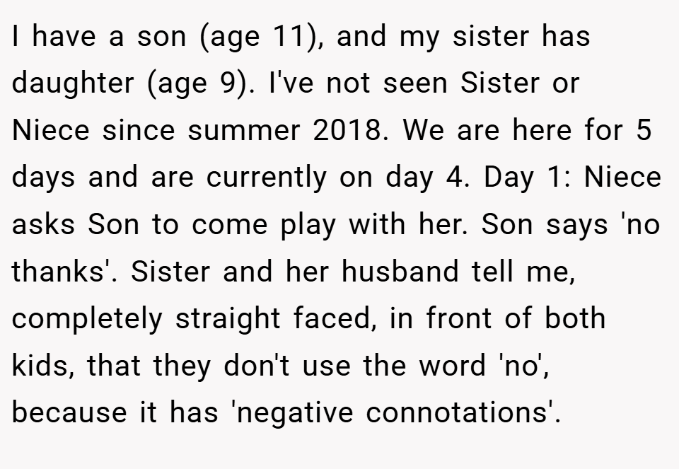 I have a son (age 11), and my sister has daughter (age 9). I've not seen Sister or Niece since summer 2018. We are here for 5 days and are currently on day 4. Day 1: Niece asks Son to come play with her. Son says 'no thanks'. Sister and her husband tell me, completely straight faced, in front of both kids, that they don't use the word 'no', because it has 'negative connotations'.