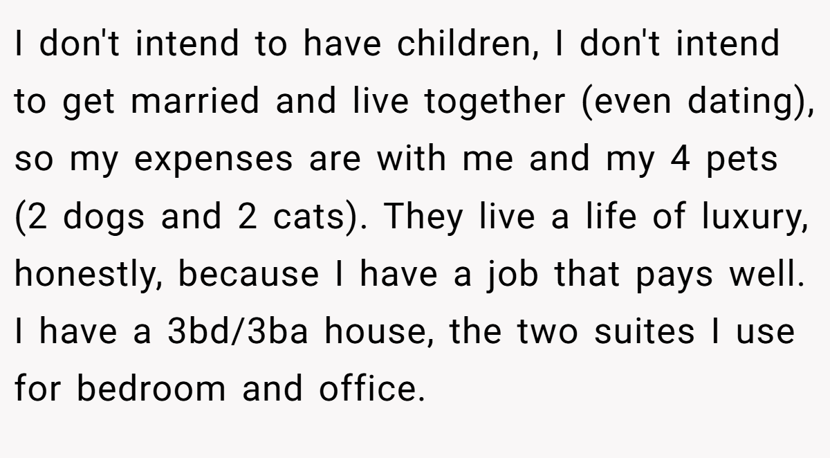 I don't intend to have children, I don't intend to get married and live together (even dating), so my expenses are with me and my 4 pets (2 dogs and 2 cats). They live a life of luxury, honestly, because I have a job that pays well. I have a 3bd/3ba house, the two suites I use for bedroom and office.