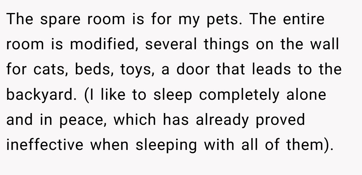 The spare room is for my pets. The entire room is modified, several things on the wall for cats, beds, toys, a door that leads to the backyard. (I like to sleep completely alone and in peace, which has already proved ineffective when sleeping with all of them).