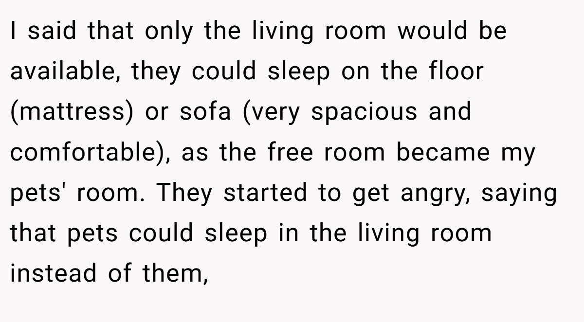 I said that only the living room would be available, they could sleep on the floor (mattress) or sofa (very spacious and comfortable), as the free room became my pets' room. They started to get angry, saying that pets could sleep in the living room instead of them,