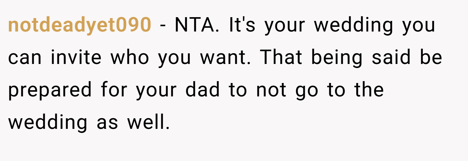 notdeadyet090 − NTA. It's your wedding you can invite who you want. That being said be prepared for your dad to not go to the wedding as well.