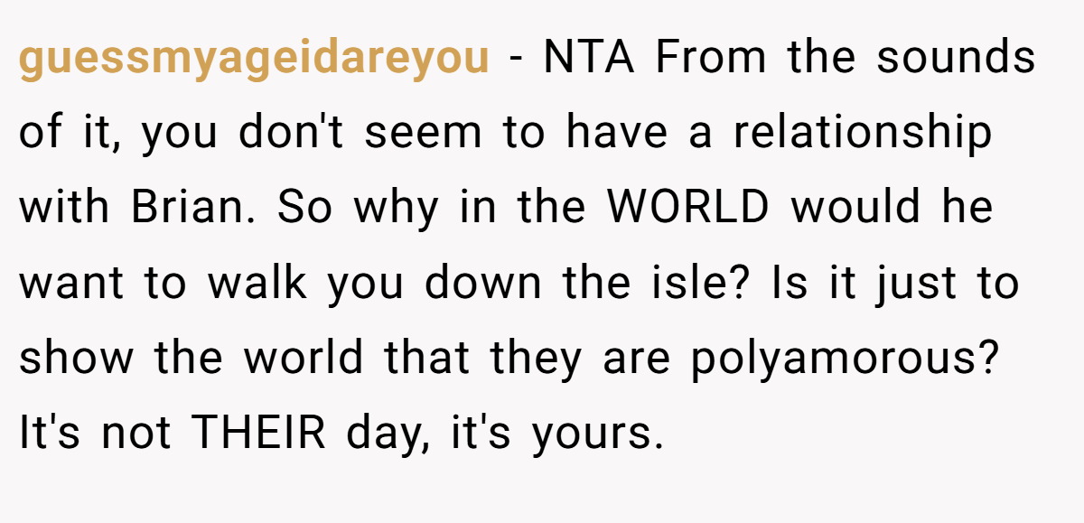 guessmyageidareyou - NTA From the sounds of it, you don't seem to have a relationship with Brian. So why in the WORLD would he want to walk you down the isle? Is it just to show the world that they are polyamorous? It's not THEIR day, it's yours.