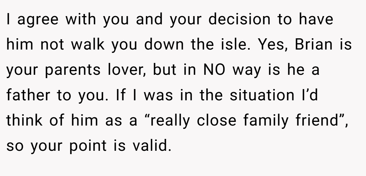 I agree with you and your decision to have him not walk you down the isle. Yes, Brian is your parents lover, but in NO way is he a father to you. If I was in the situation I’d think of him as a “really close family friend”, so your point is valid.