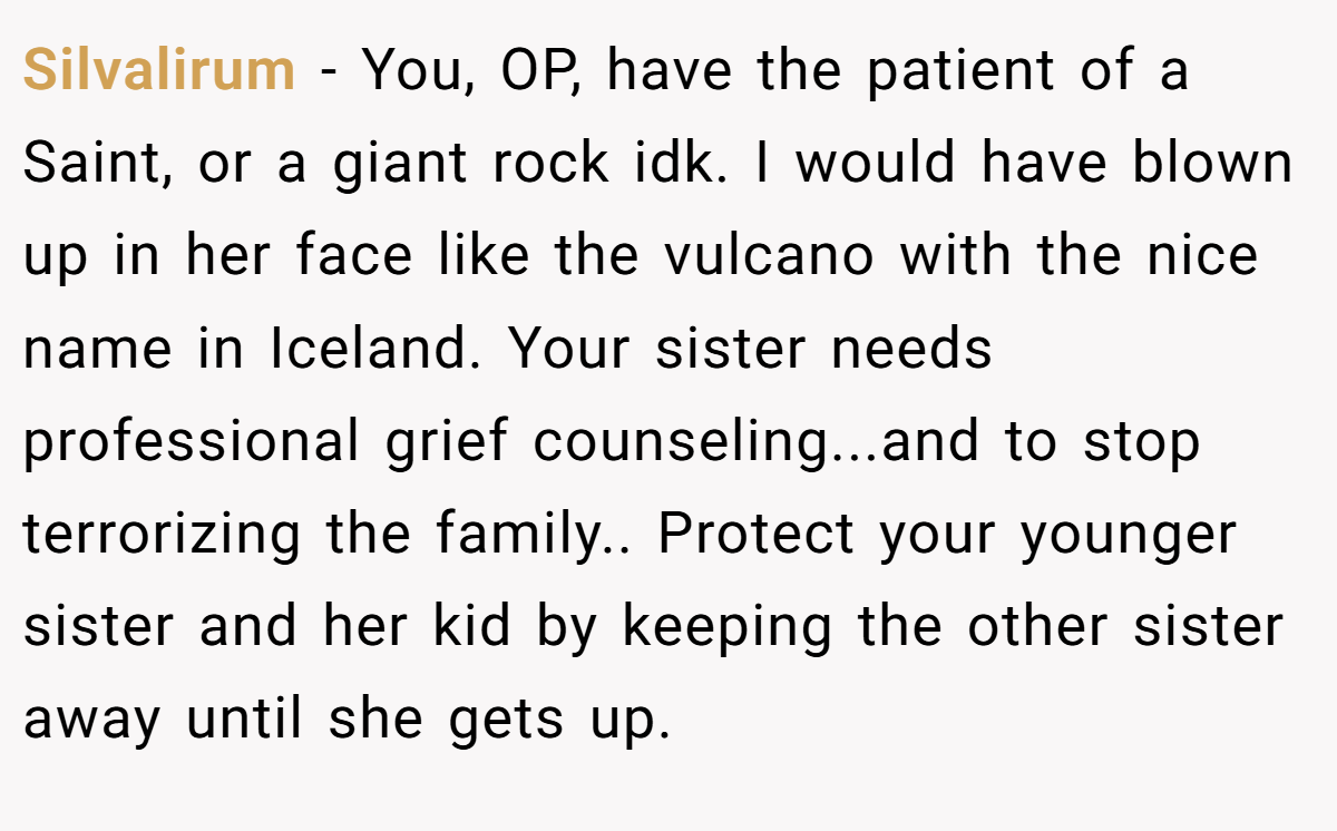 Silvalirum − You, OP, have the patient of a Saint, or a giant rock idk. I would have blown up in her face like the vulcano with the nice name in Iceland. Your sister needs professional grief counseling...and to stop terrorizing the family.. Protect your younger sister and her kid by keeping the other sister away until she gets up.