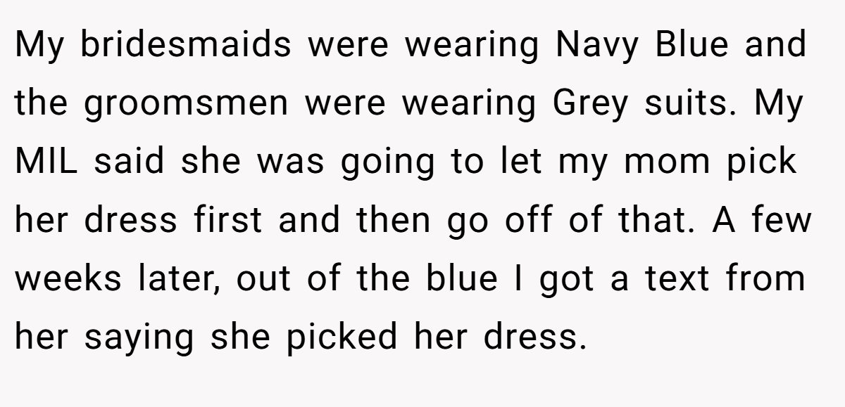 My bridesmaids were wearing Navy Blue and the groomsmen were wearing Grey suits. My MIL said she was going to let my mom pick her dress first and then go off of that. A few weeks later, out of the blue I got a text from her saying she picked her dress.
