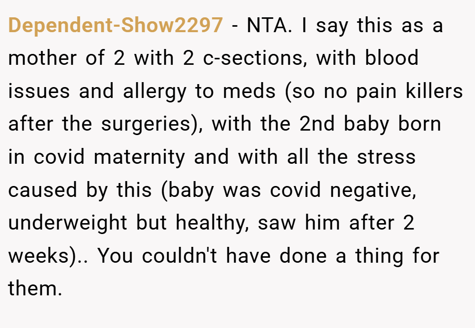 Dependent-Show2297 − NTA. I say this as a mother of 2 with 2 c-sections, with blood issues and allergy to meds (so no pain killers after the surgeries), with the 2nd baby born in covid maternity and with all the stress caused by this (baby was covid negative, underweight but healthy, saw him after 2 weeks).. You couldn't have done a thing for them.