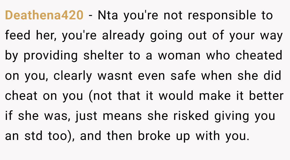 Deathena420 − Nta you're not responsible to feed her, you're already going out of your way by providing shelter to a woman who cheated on you, clearly wasnt even safe when she did cheat on you (not that it would make it better if she was, just means she risked giving you an std too), and then broke up with you.