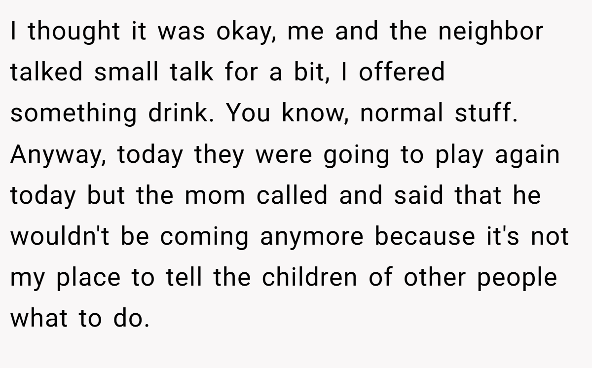 I thought it was okay, me and the neighbor talked small talk for a bit, I offered something drink. You know, normal stuff. Anyway, today they were going to play again today but the mom called and said that he wouldn't be coming anymore because it's not my place to tell the children of other people what to do.
