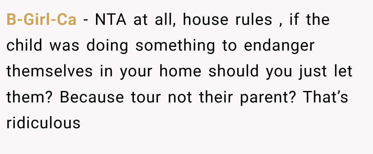 B-Girl-Ca - NTA at all, house rules , if the child was doing something to endanger themselves in your home should you just let them? Because tour not their parent? That’s ridiculous