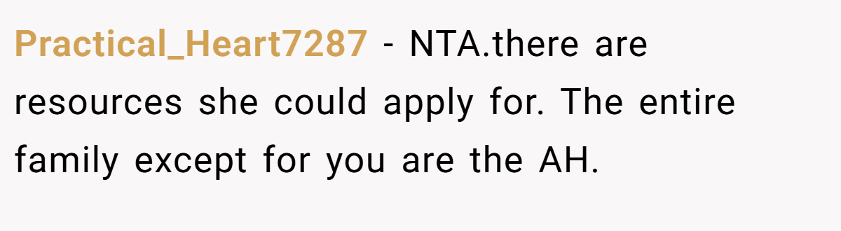 Practical_Heart7287 − NTA.there are resources she could apply for. The entire family except for you are the AH.