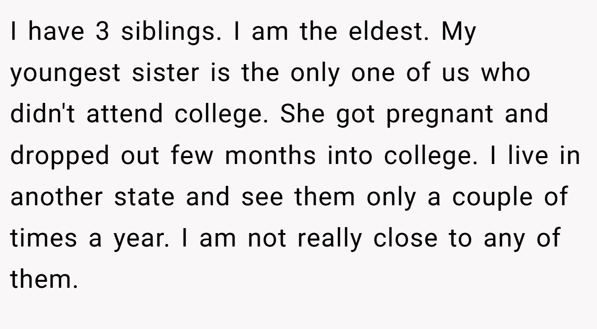 I have 3 siblings. I am the eldest. My youngest sister is the only one of us who didn't attend college. She got pregnant and dropped out few months into college. I live in another state and see them only a couple of times a year. I am not really close to any of them.