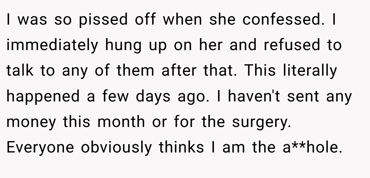 I was so pissed off when she confessed. I immediately hung up on her and refused to talk to any of them after that. This literally happened a few days ago. I haven't sent any money this month or for the surgery. Everyone obviously thinks I am the a**hole.