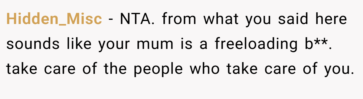 Hidden_Misc − NTA. from what you said here sounds like your mum is a freeloading b**. take care of the people who take care of you.