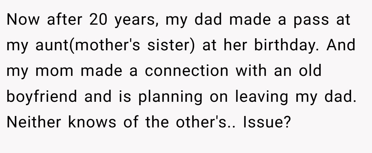 Now after 20 years, my dad made a pass at my aunt(mother's sister) at her birthday. And my mom made a connection with an old boyfriend and is planning on leaving my dad. Neither knows of the other's.. Issue?