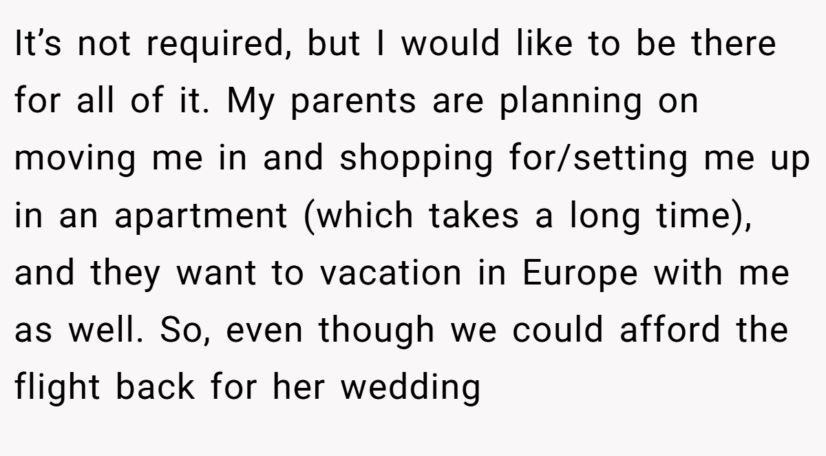It’s not required, but I would like to be there for all of it. My parents are planning on moving me in and shopping for/setting me up in an apartment (which takes a long time), and they want to vacation in Europe with me as well. So, even though we could afford the flight back for her wedding