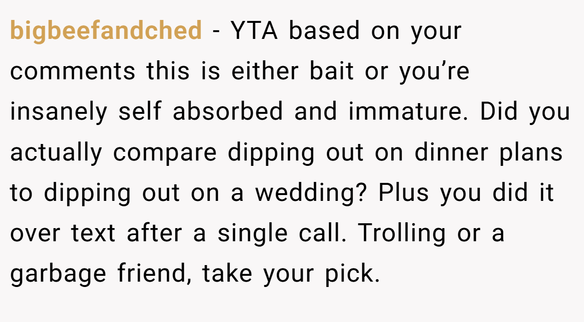 bigbeefandched − YTA based on your comments this is either bait or you’re insanely self absorbed and immature. Did you actually compare dipping out on dinner plans to dipping out on a wedding? Plus you did it over text after a single call. Trolling or a garbage friend, take your pick.