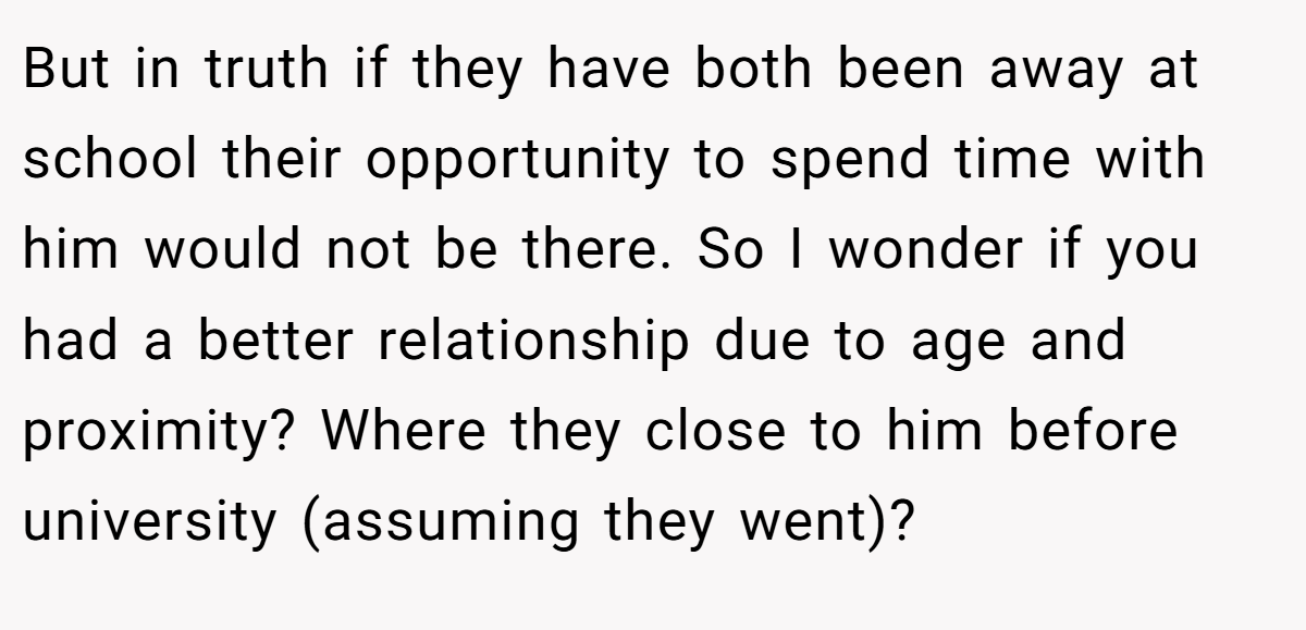 But in truth if they have both been away at school their opportunity to spend time with him would not be there. So I wonder if you had a better relationship due to age and proximity? Where they close to him before university (assuming they went)?