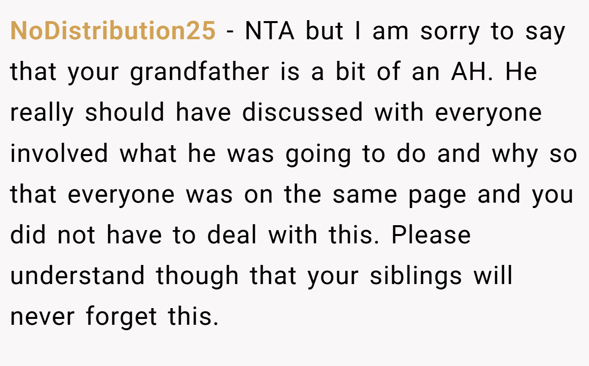 NoDistribution25 - NTA but I am sorry to say that your grandfather is a bit of an AH. He really should have discussed with everyone involved what he was going to do and why so that everyone was on the same page and you did not have to deal with this. Please understand though that your siblings will never forget this.