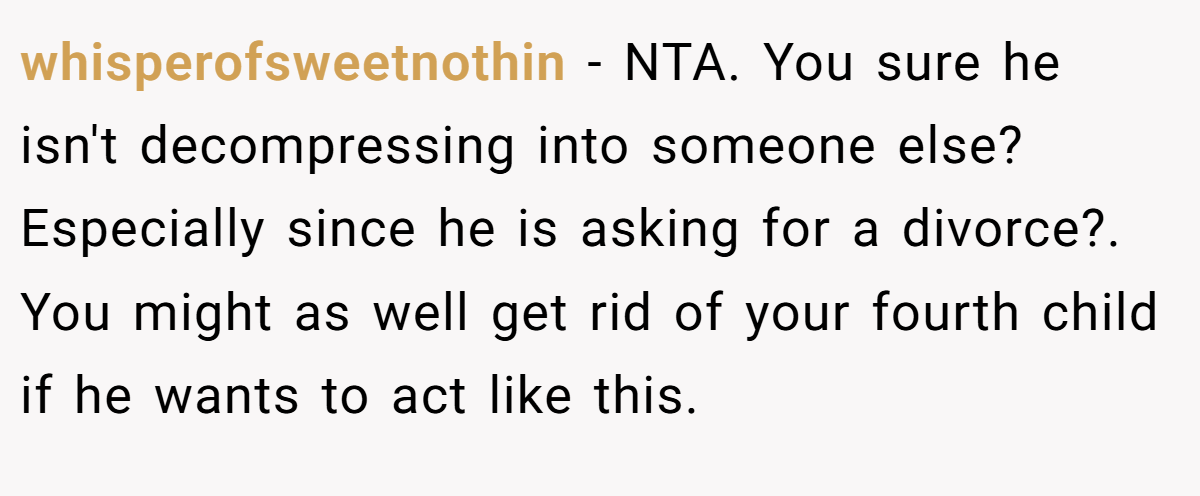 whisperofsweetnothin − NTA. You sure he isn't decompressing into someone else? Especially since he is asking for a divorce?. You might as well get rid of your fourth child if he wants to act like this.