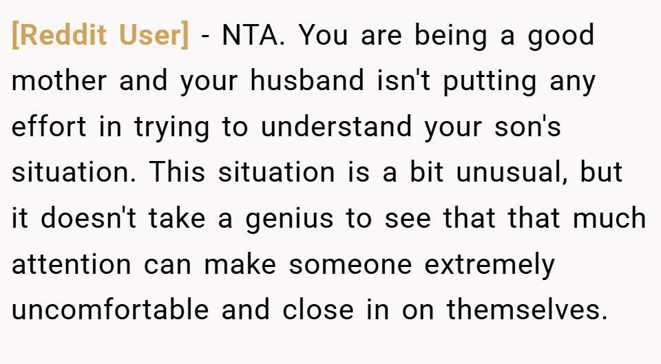 [Reddit User] − NTA. You are being a good mother and your husband isn't putting any effort in trying to understand your son's situation. This situation is a bit unusual, but it doesn't take a genius to see that that much attention can make someone extremely uncomfortable and close in on themselves.