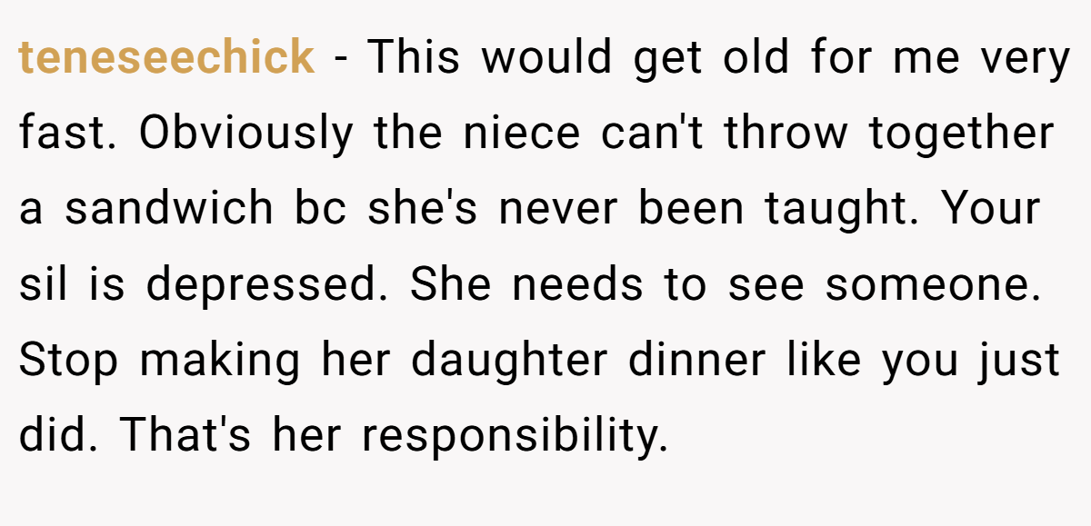 teneseechick − This would get old for me very fast. Obviously the niece can't throw together a sandwich bc she's never been taught. Your sil is depressed. She needs to see someone. Stop making her daughter dinner like you just did. That's her responsibility.