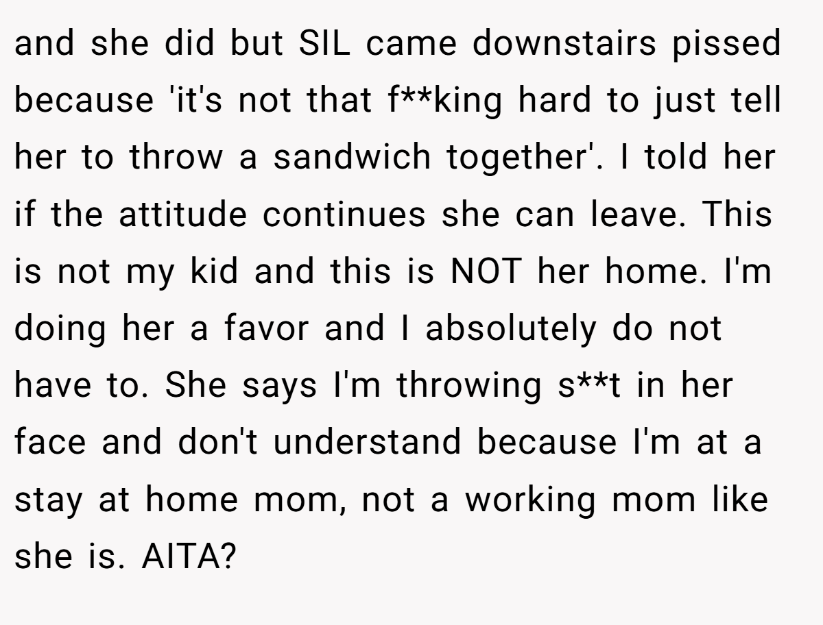 and she did but SIL came downstairs pissed because 'it's not that f**king hard to just tell her to throw a sandwich together'. I told her if the attitude continues she can leave. This is not my kid and this is NOT her home. I'm doing her a favor and I absolutely do not have to. She says I'm throwing s**t in her face and don't understand because I'm at a stay at home mom, not a working mom like she is. AITA?