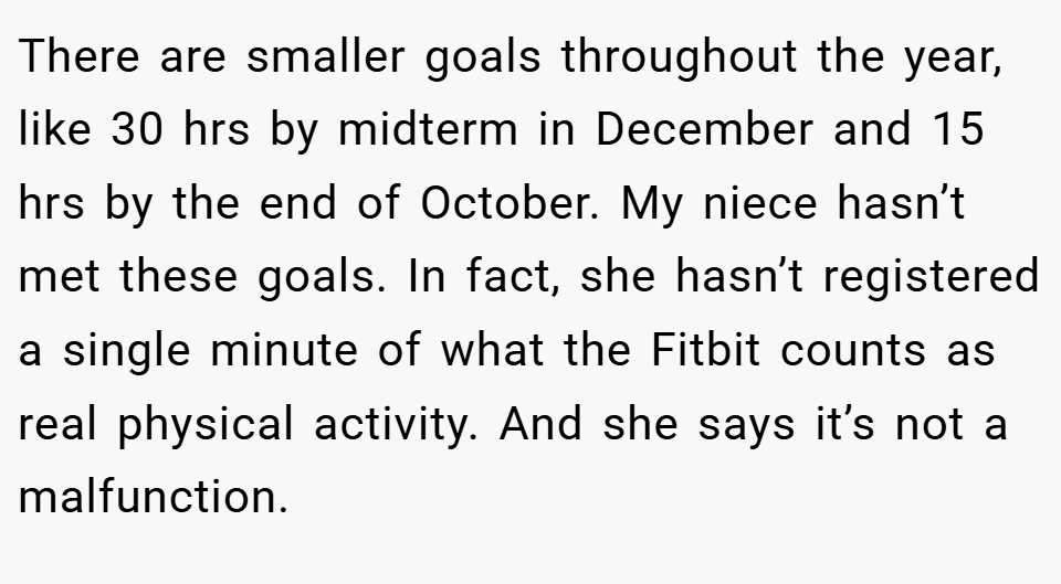 There are smaller goals throughout the year, like 30 hrs by midterm in December and 15 hrs by the end of October. My niece hasn’t met these goals. In fact, she hasn’t registered a single minute of what the Fitbit counts as real physical activity. And she says it’s not a malfunction.