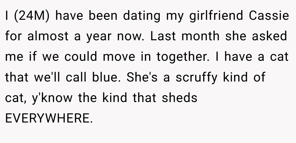 I (24M) have been dating my girlfriend Cassie for almost a year now. Last month she asked me if we could move in together. I have a cat that we'll call blue. She's a scruffy kind of cat, y'know the kind that sheds EVERYWHERE.
