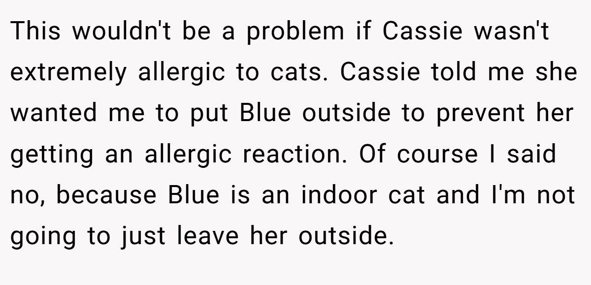 This wouldn't be a problem if Cassie wasn't extremely allergic to cats. Cassie told me she wanted me to put Blue outside to prevent her getting an allergic reaction. Of course I said no, because Blue is an indoor cat and I'm not going to just leave her outside.