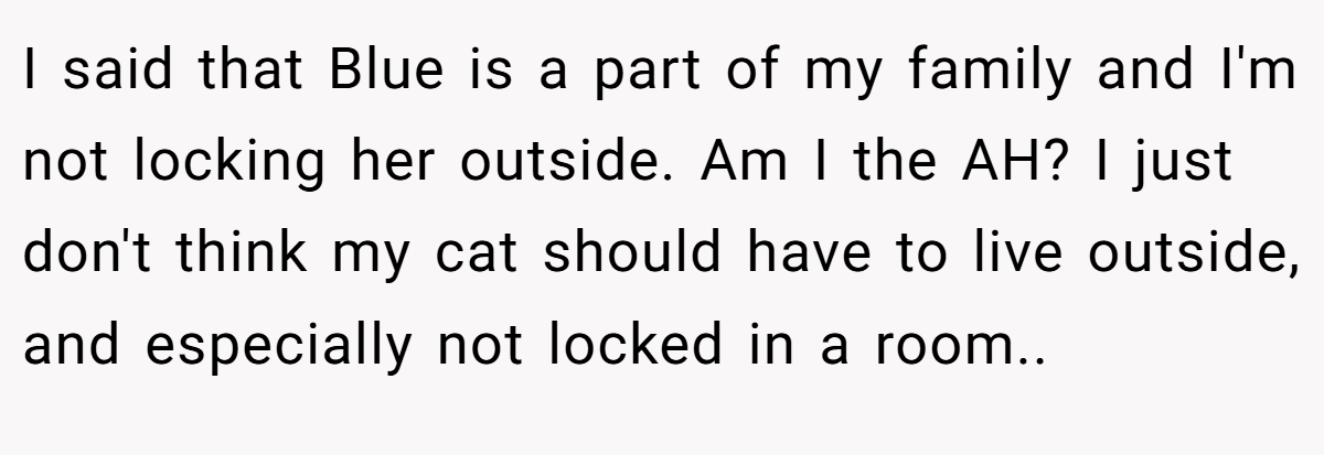 I said that Blue is a part of my family and I'm not locking her outside. Am I the AH? I just don't think my cat should have to live outside, and especially not locked in a room..