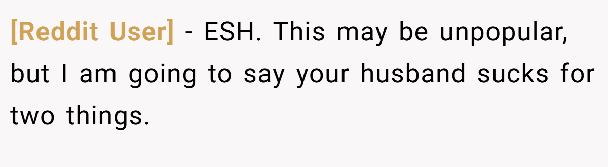 [Reddit User] - ESH. This may be unpopular, but I am going to say your husband sucks for two things.