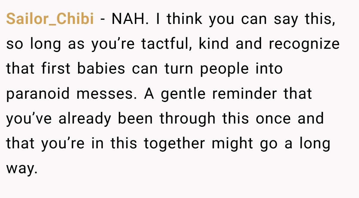 Sailor_Chibi - NAH. I think you can say this, so long as you’re tactful, kind and recognize that first babies can turn people into paranoid messes. A gentle reminder that you’ve already been through this once and that you’re in this together might go a long way.