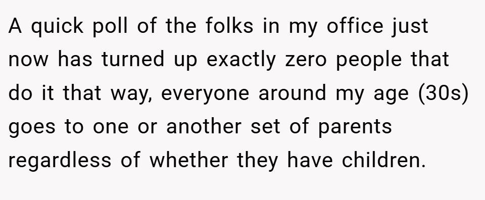 A quick poll of the folks in my office just now has turned up exactly zero people that do it that way, everyone around my age (30s) goes to one or another set of parents regardless of whether they have children.