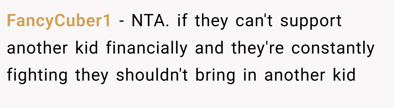 FancyCuber1 - NTA. if they can't support another kid financially and they're constantly fighting they shouldn't bring in another kid