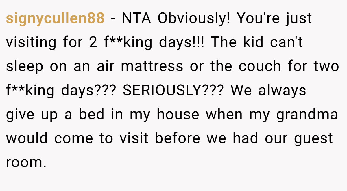 signycullen88 − NTA Obviously! You're just visiting for 2 f**king days!!! The kid can't sleep on an air mattress or the couch for two f**king days??? SERIOUSLY??? We always give up a bed in my house when my grandma would come to visit before we had our guest room.