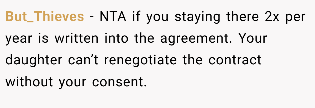 But_Thieves − NTA if you staying there 2x per year is written into the agreement. Your daughter can’t renegotiate the contract without your consent.