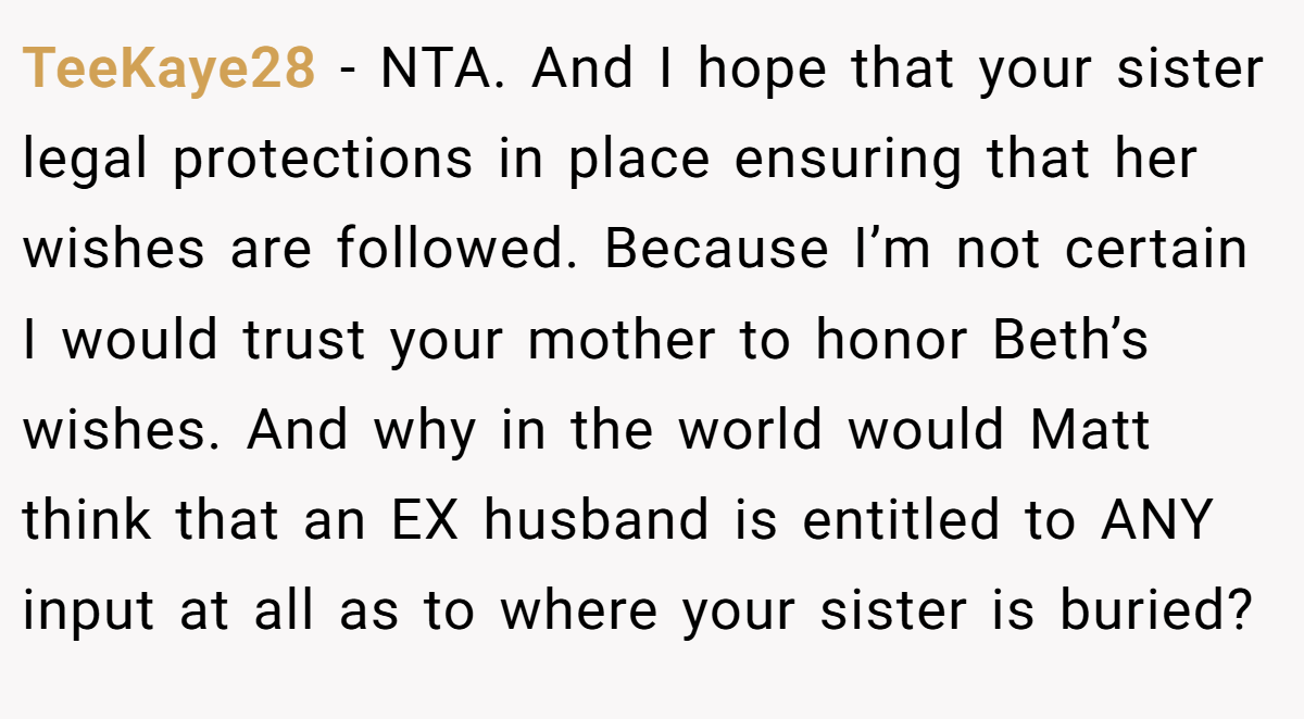 TeeKaye28 - NTA. And I hope that your sister legal protections in place ensuring that her wishes are followed. Because I’m not certain I would trust your mother to honor Beth’s wishes. And why in the world would Matt think that an EX husband is entitled to ANY input at all as to where your sister is buried?