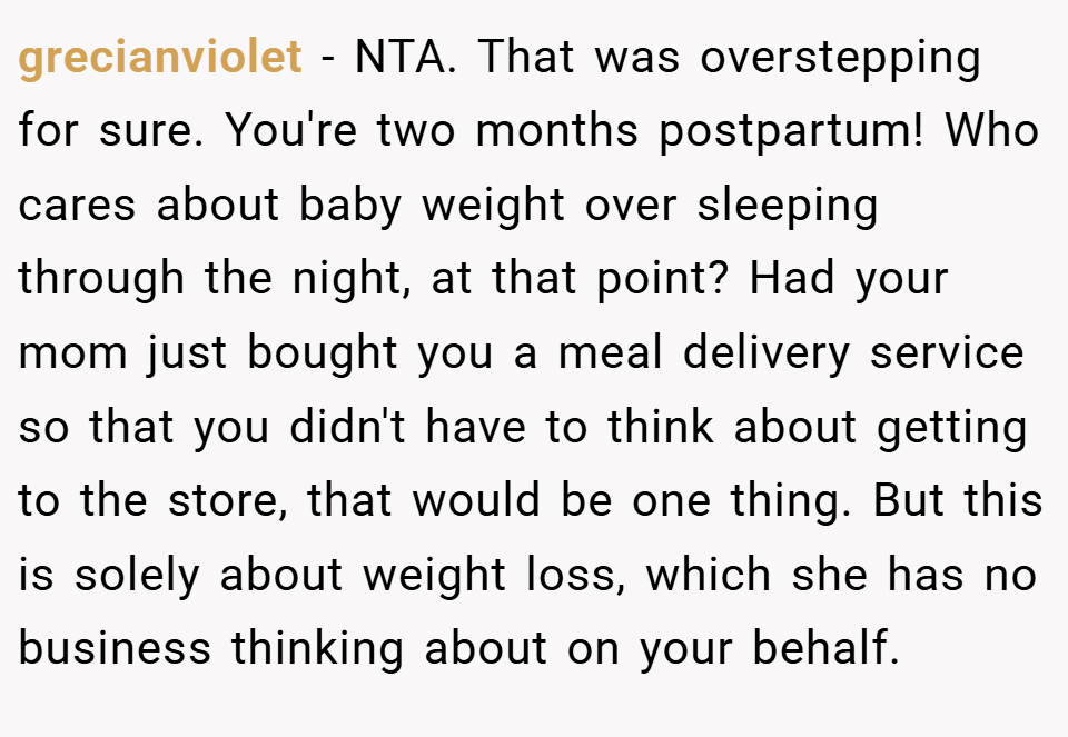 grecianviolet − NTA. That was overstepping for sure. You're two months postpartum! Who cares about baby weight over sleeping through the night, at that point? Had your mom just bought you a meal delivery service so that you didn't have to think about getting to the store, that would be one thing. But this is solely about weight loss, which she has no business thinking about on your behalf.