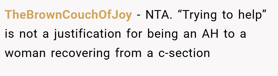 TheBrownCouchOfJoy − NTA. “Trying to help” is not a justification for being an AH to a woman recovering from a c-section